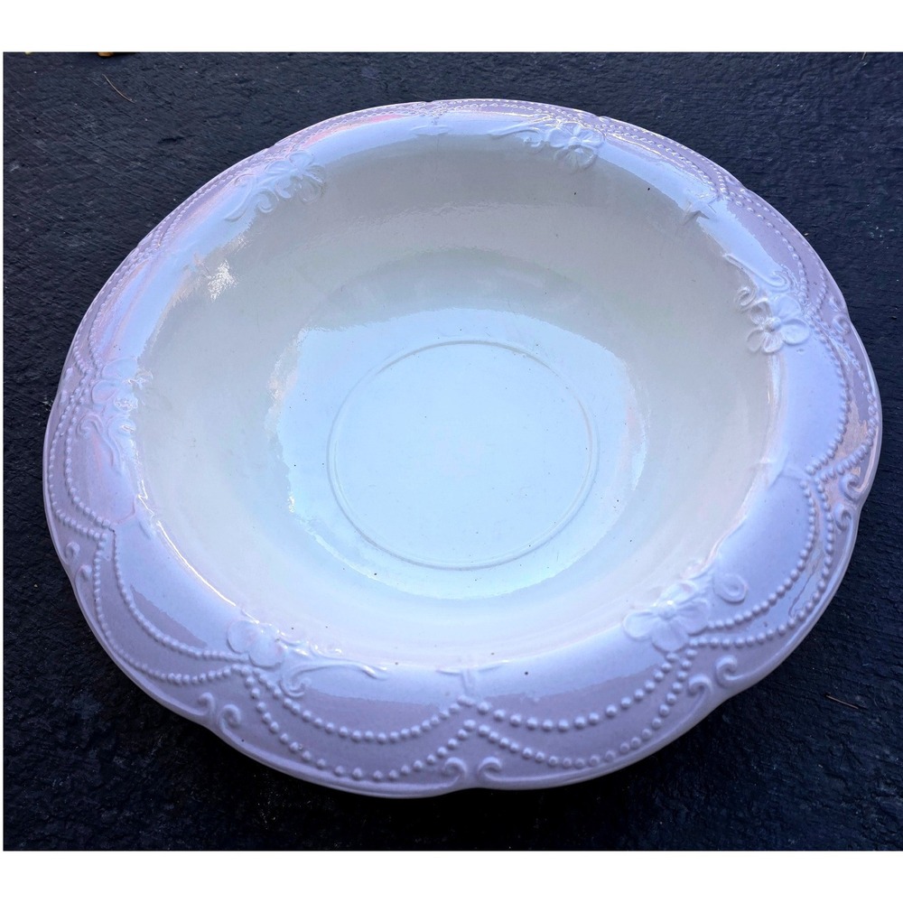 Antique Ironstone White Wash Basin Pink Scalloped Edge Embossed Floral‎ England
